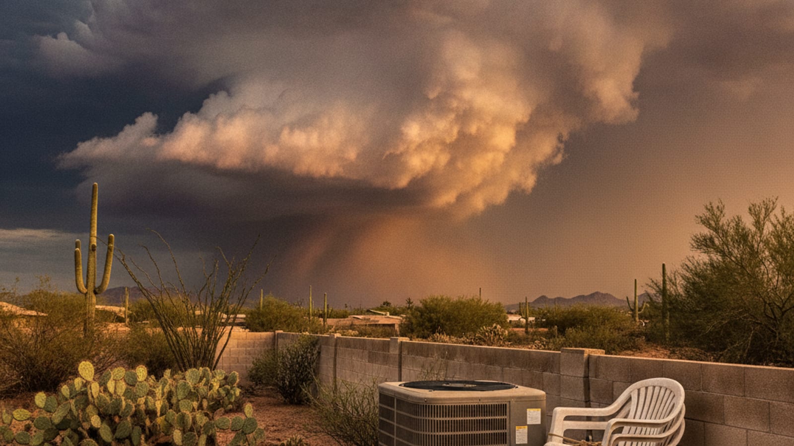 Monsoon storm clouds building over a Tucson neighborhood with an AC condenser beside a block wall in the foreground