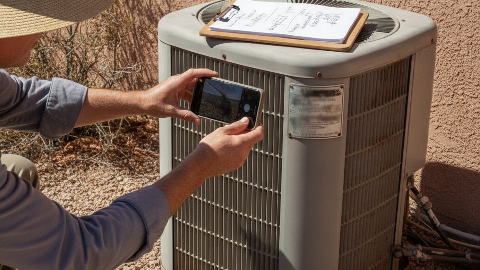 Homeowner photographing the data plate on an outdoor AC unit beside a Tucson home with notes on a clipboard