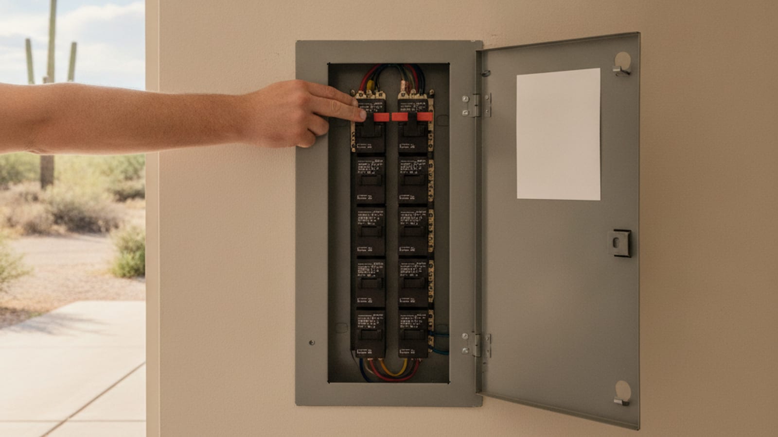 Panel de breakers abierto en la pared de una cochera con un breaker doble marcado para el aire acondicionado
