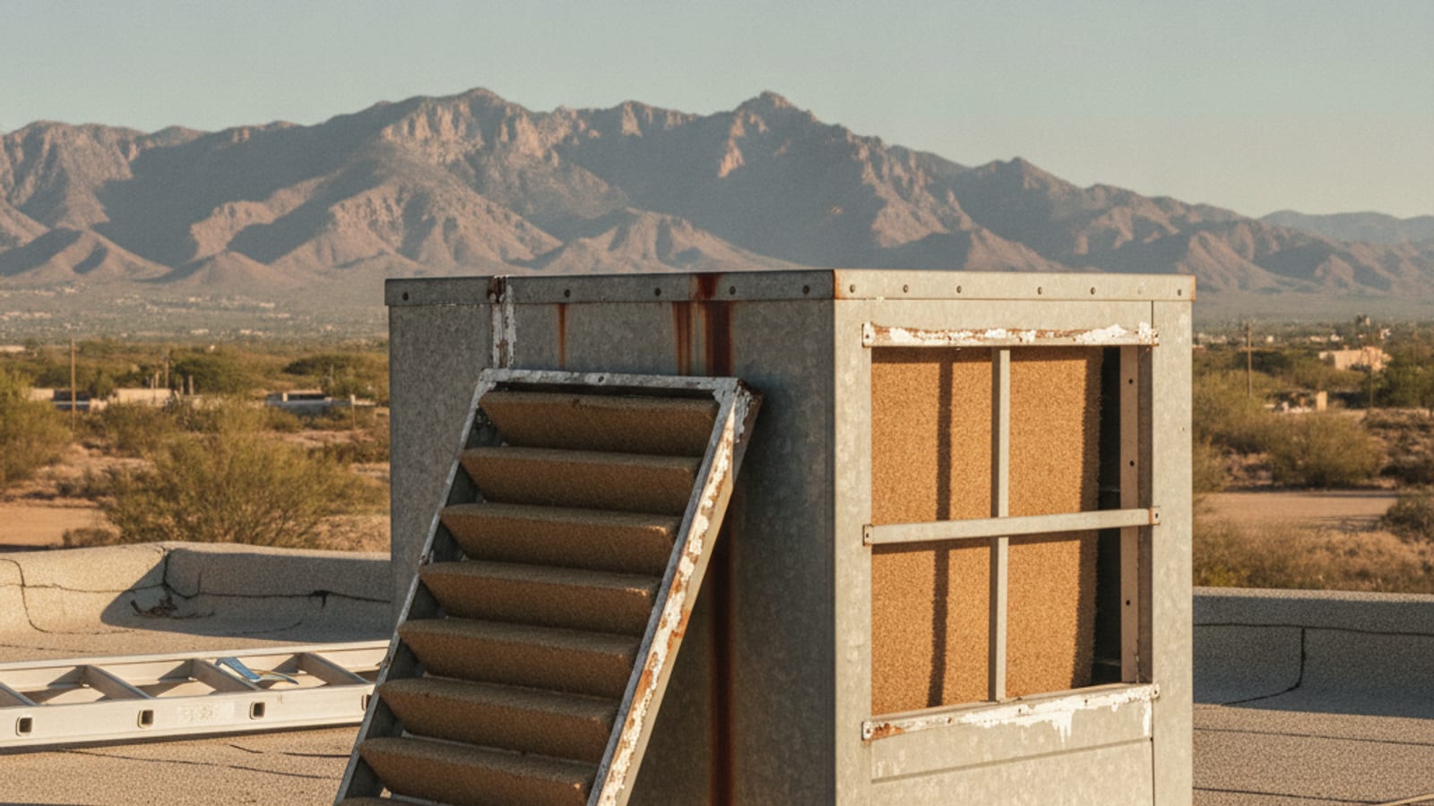 Side panel removed from a rooftop evaporative cooler showing new cooler pads against a clear Tucson sky