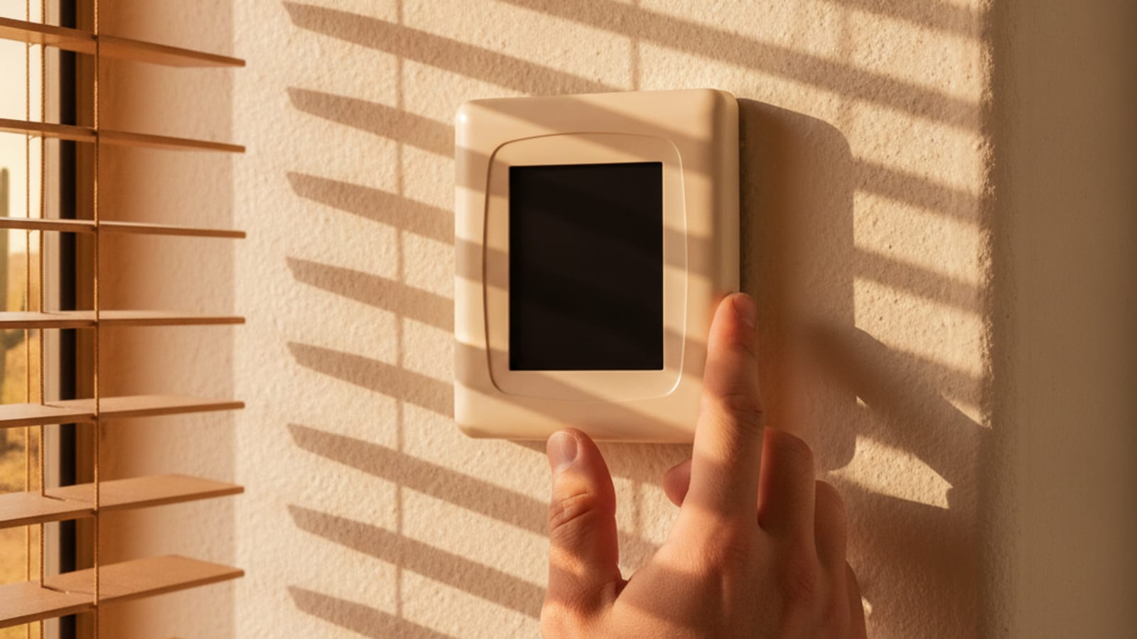 Hand adjusting a programmable thermostat on a hallway wall in a Tucson home in late afternoon sun
