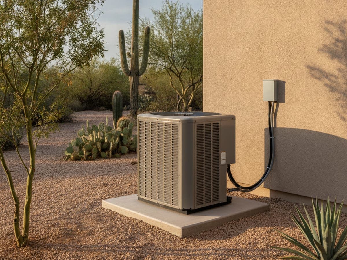 New high-efficiency AC condenser on a concrete pad beside a stucco home in the desert