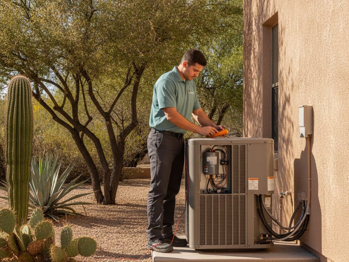 HVAC technician testing an outdoor AC condenser with a multimeter on a sunny afternoon