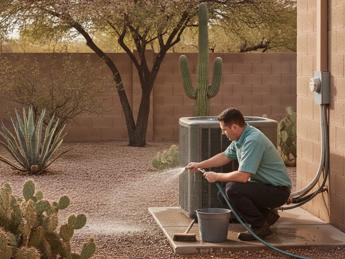 Technician rinsing an outdoor AC condenser coil with a garden hose during a spring tune-up