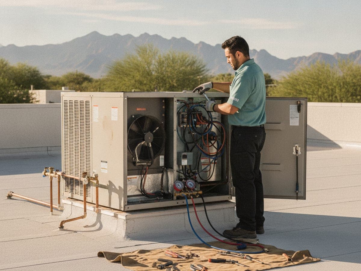 Rooftop packaged HVAC unit on a flat commercial roof under a clear desert sky