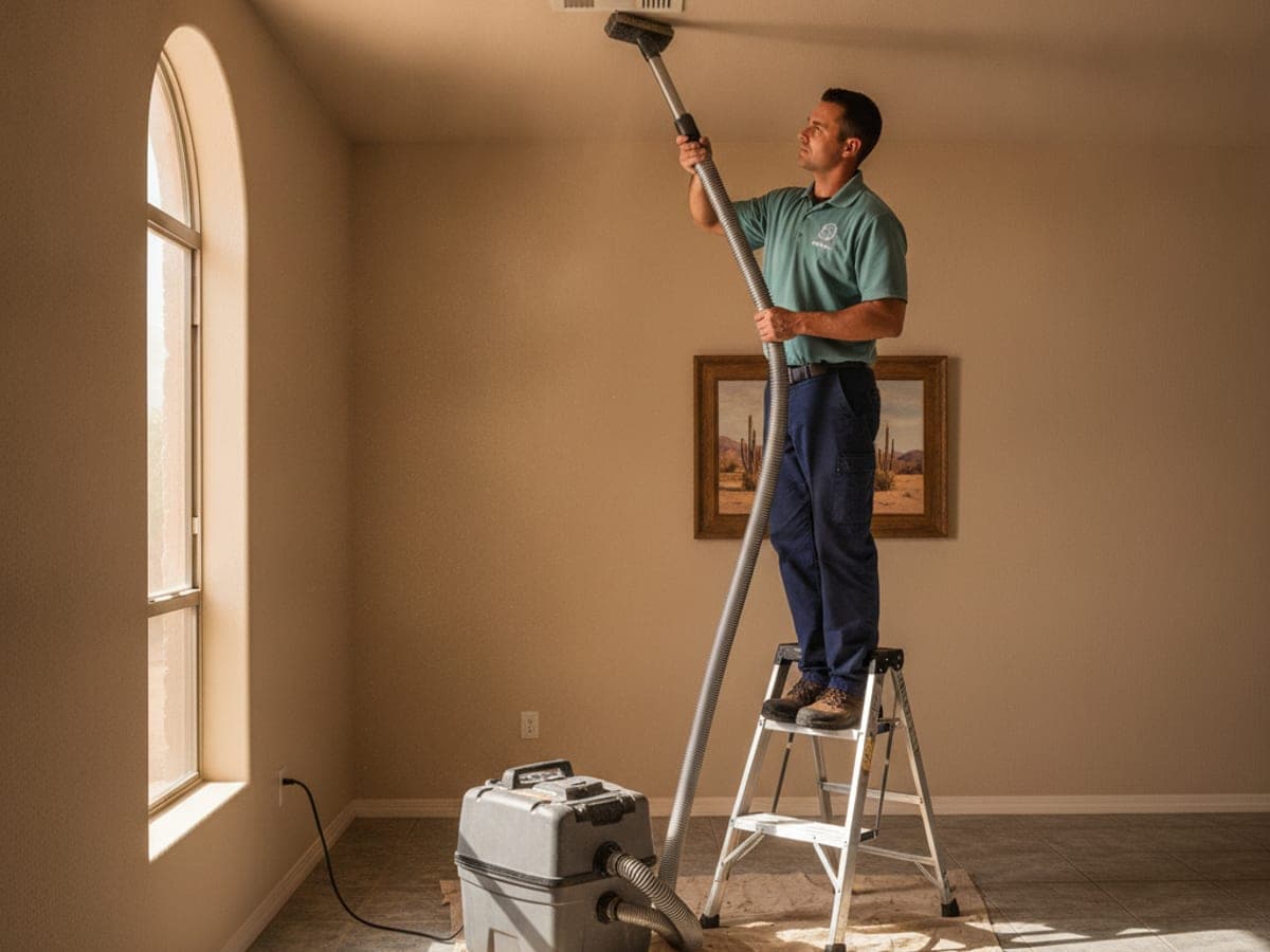 Technician running a vacuum hose into a ceiling register during duct cleaning