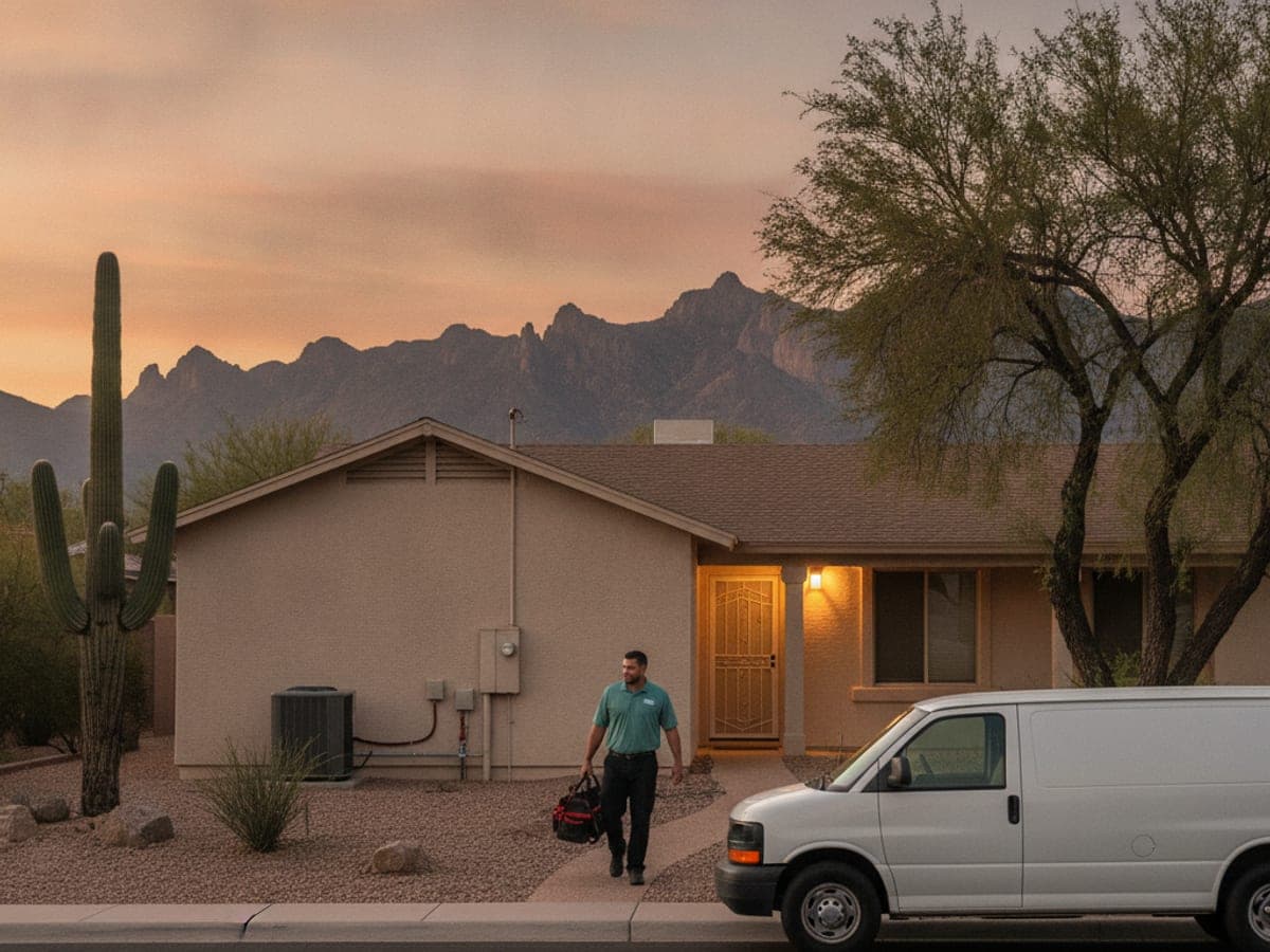 HVAC service van parked outside a desert home at dusk with a work light on