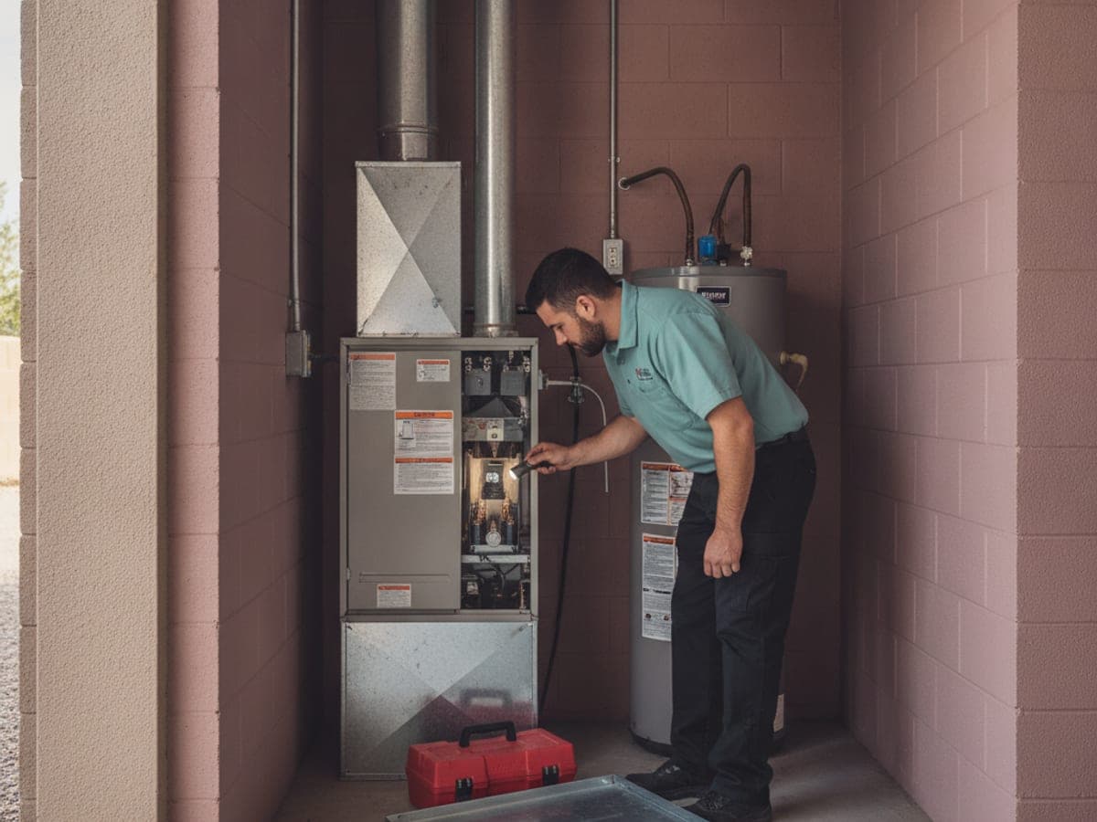 Service technician inspecting a gas furnace burner compartment with a flashlight