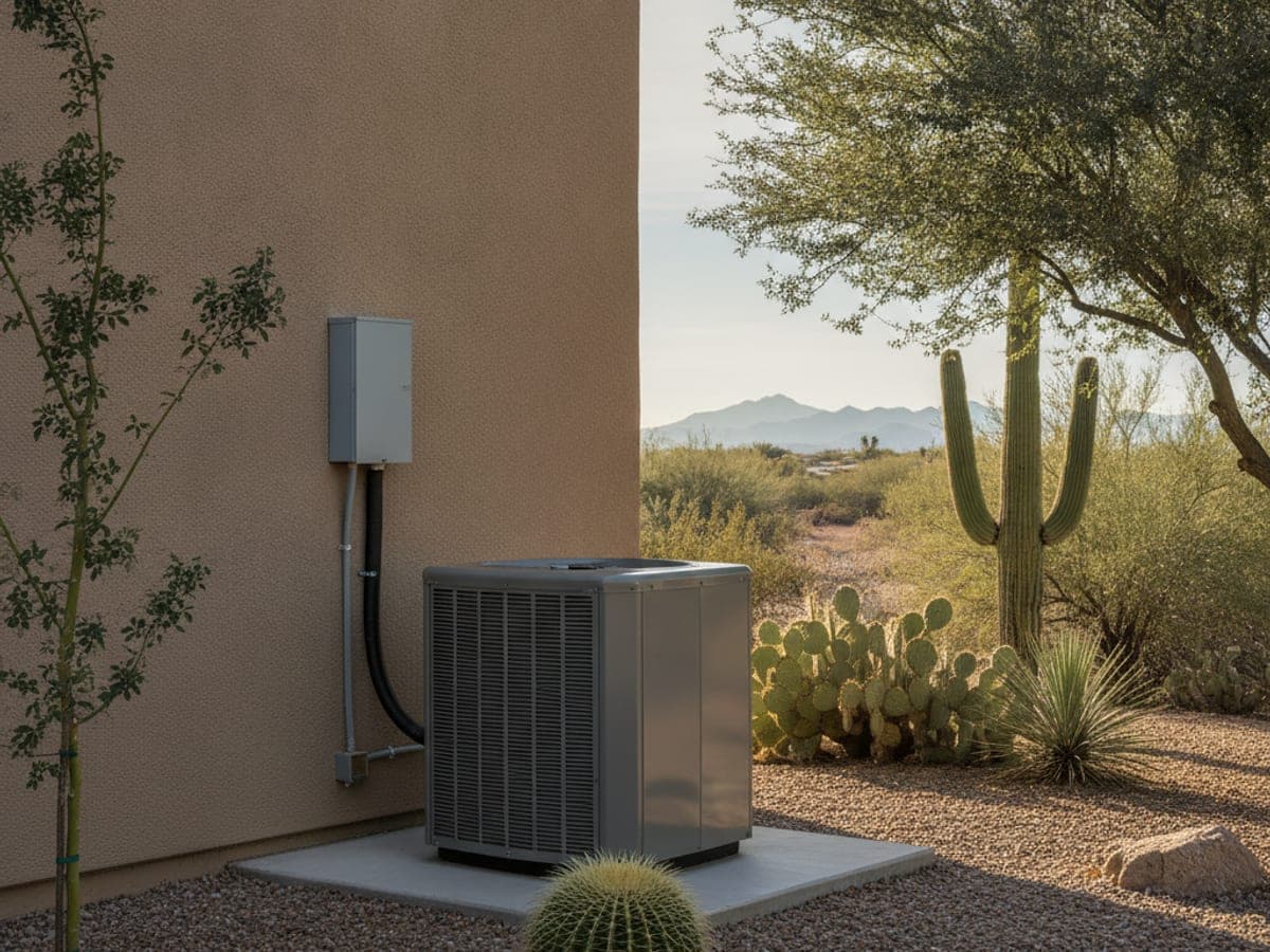 Heat pump outdoor unit on a pad beside a stucco wall with desert landscaping