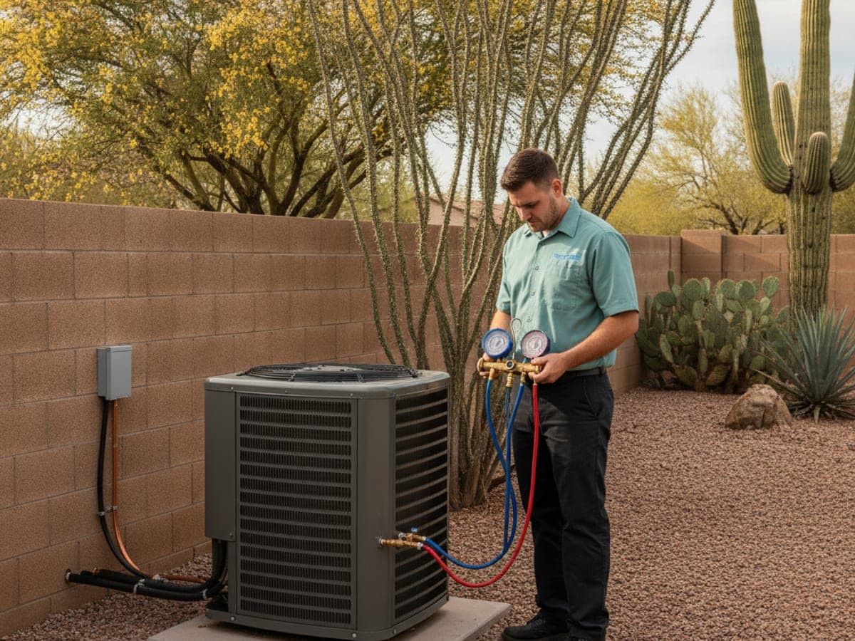 HVAC technician checking refrigerant gauges on an outdoor unit during a spring service visit