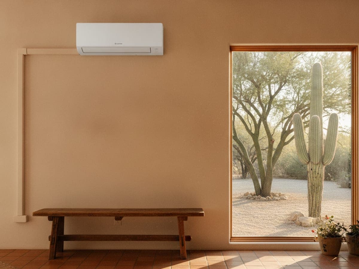 Wall-mounted ductless mini split indoor unit above a window in a bright living room