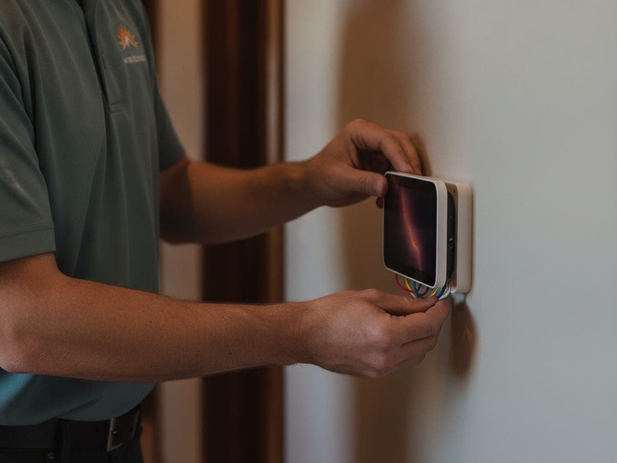Smart thermostat on a living room wall with its app open on a phone nearby